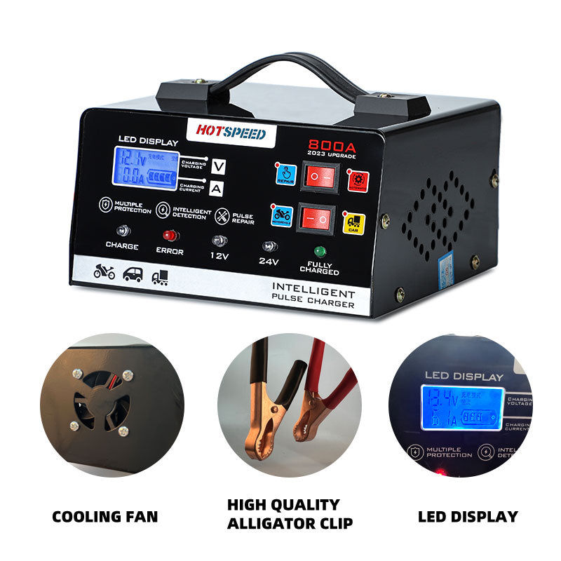 HOTSPEED Car Battery Charger Heavy Duty 12V 24V Intelligent Pulse Repair Fast Charging HS-800A