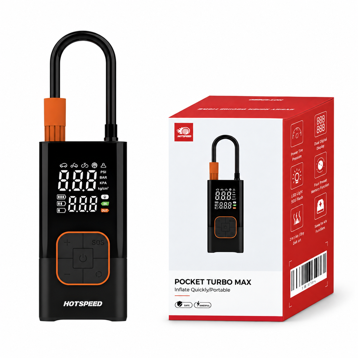 HOTSPEED HS Pro tire inflator with red and white retail packaging on a white background