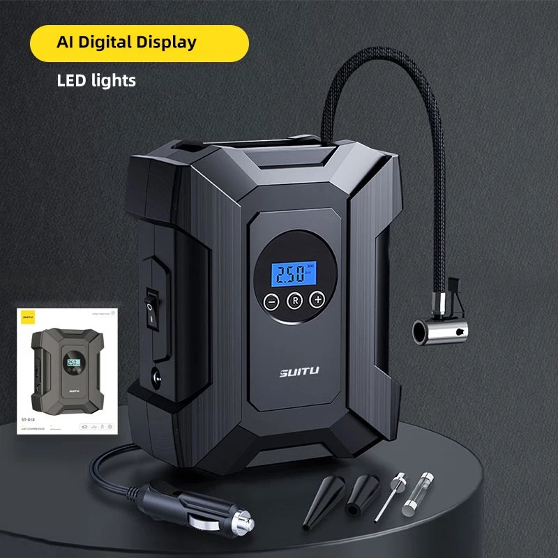 SUITU standard digital tire inflator with vehicle power cable and inflation adapters; no toolbox