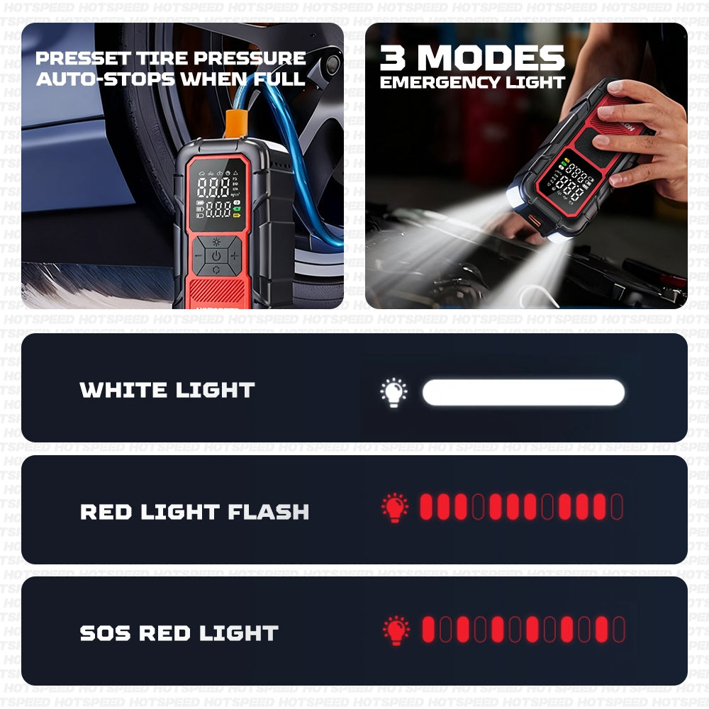 HOTSPEED 4 IN 1 Jump Starter For Car Heavy Duty With Tire Inflator Power Bank Emergency Light