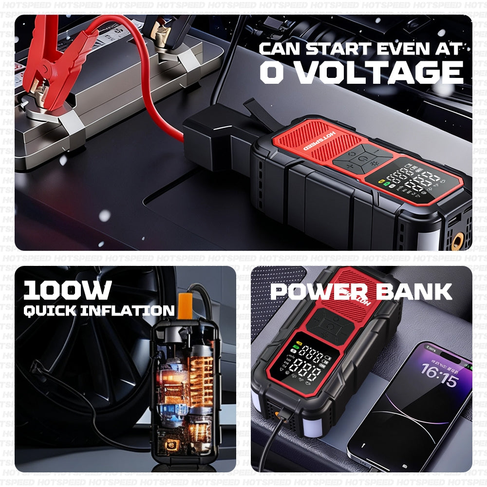 HOTSPEED 4 IN 1 Jump Starter For Car Heavy Duty With Tire Inflator Power Bank Emergency Light